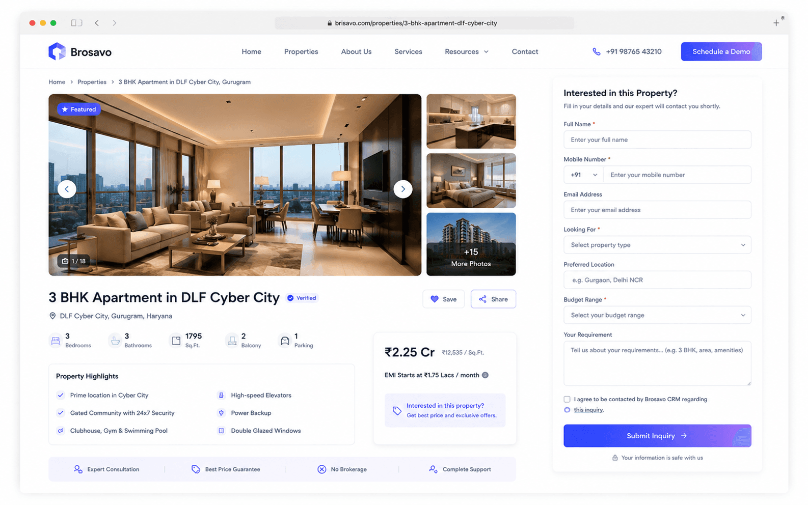 Real estate website capturing property enquiries