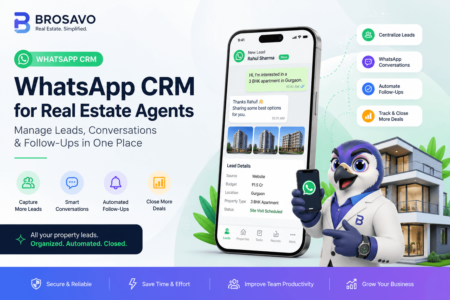 Brosavo WhatsApp CRM for real estate agents showing lead management and follow-up workflows.