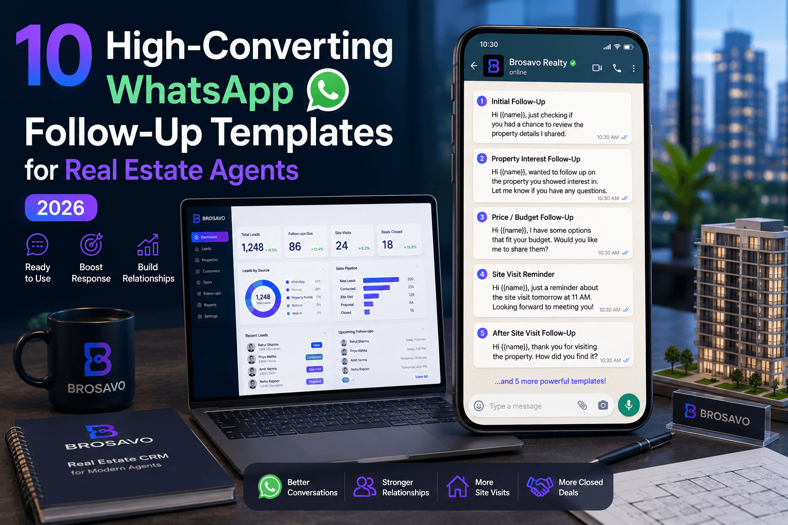 Illustration showing real estate agent managing property lead follow-ups on WhatsApp CRM