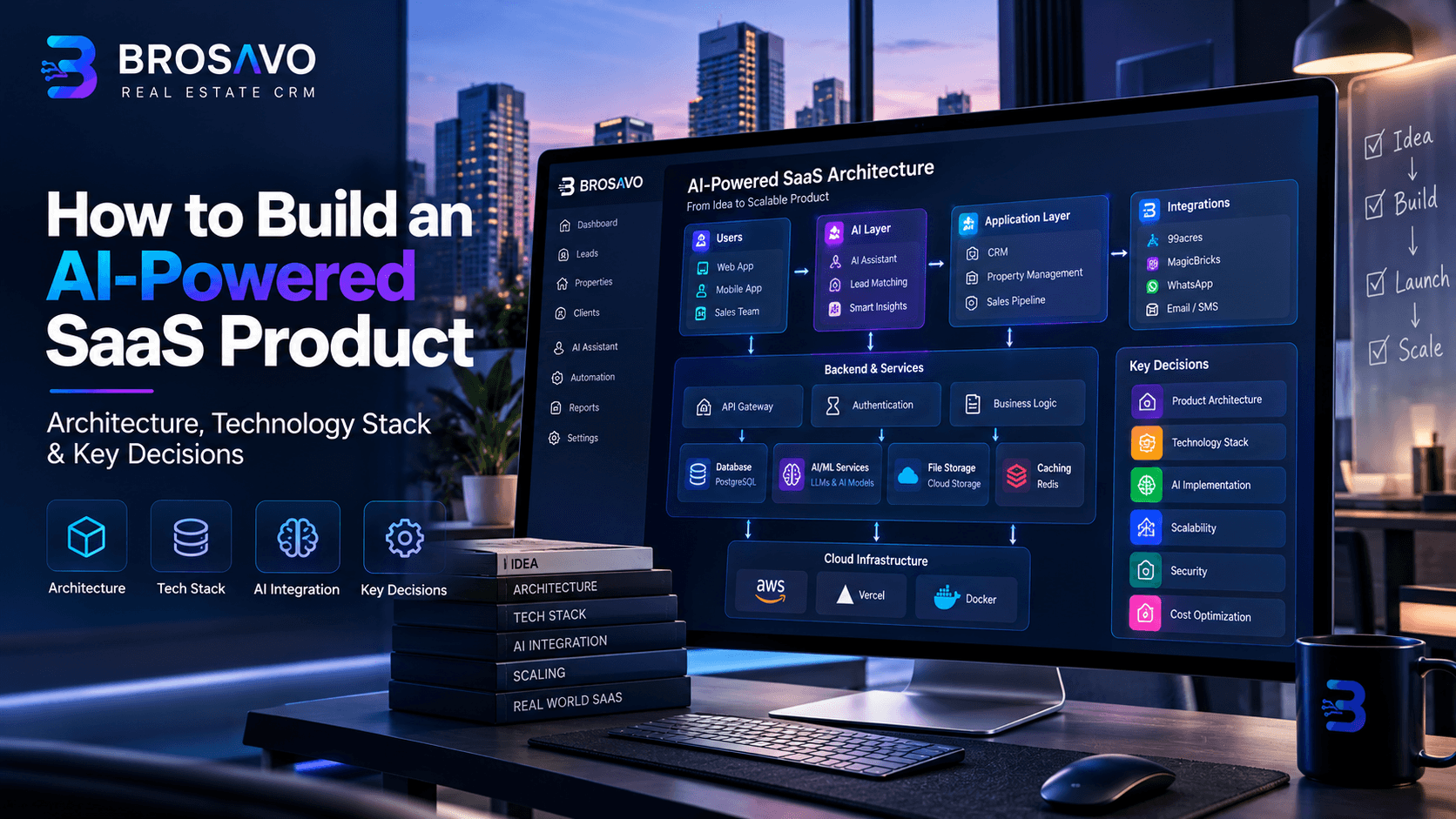Software architect designing an AI-powered SaaS application with cloud infrastructure, connected services, and analytics dashboards