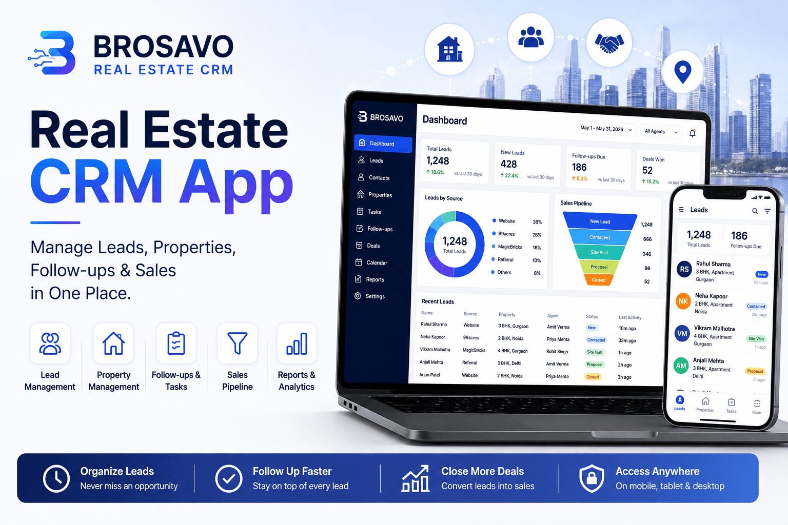 BROSAVO real estate CRM app dashboard for managing property leads, customers and sales