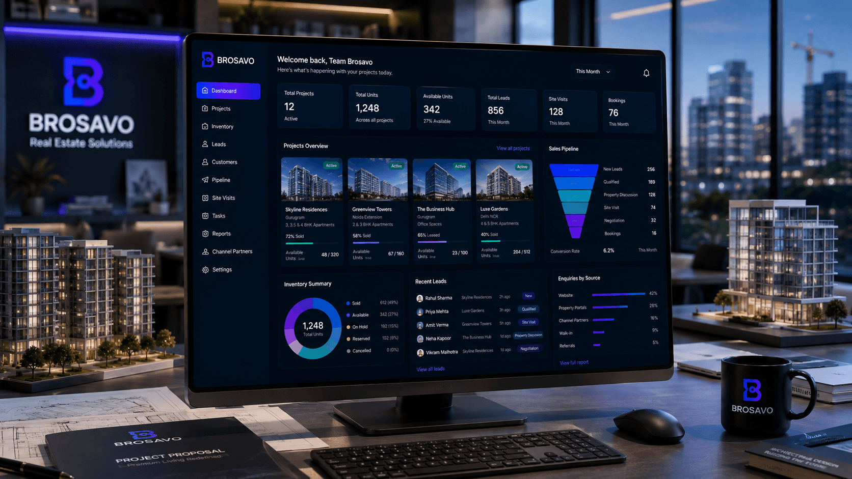 Real estate CRM for developers showing property project inventory, leads and sales pipeline