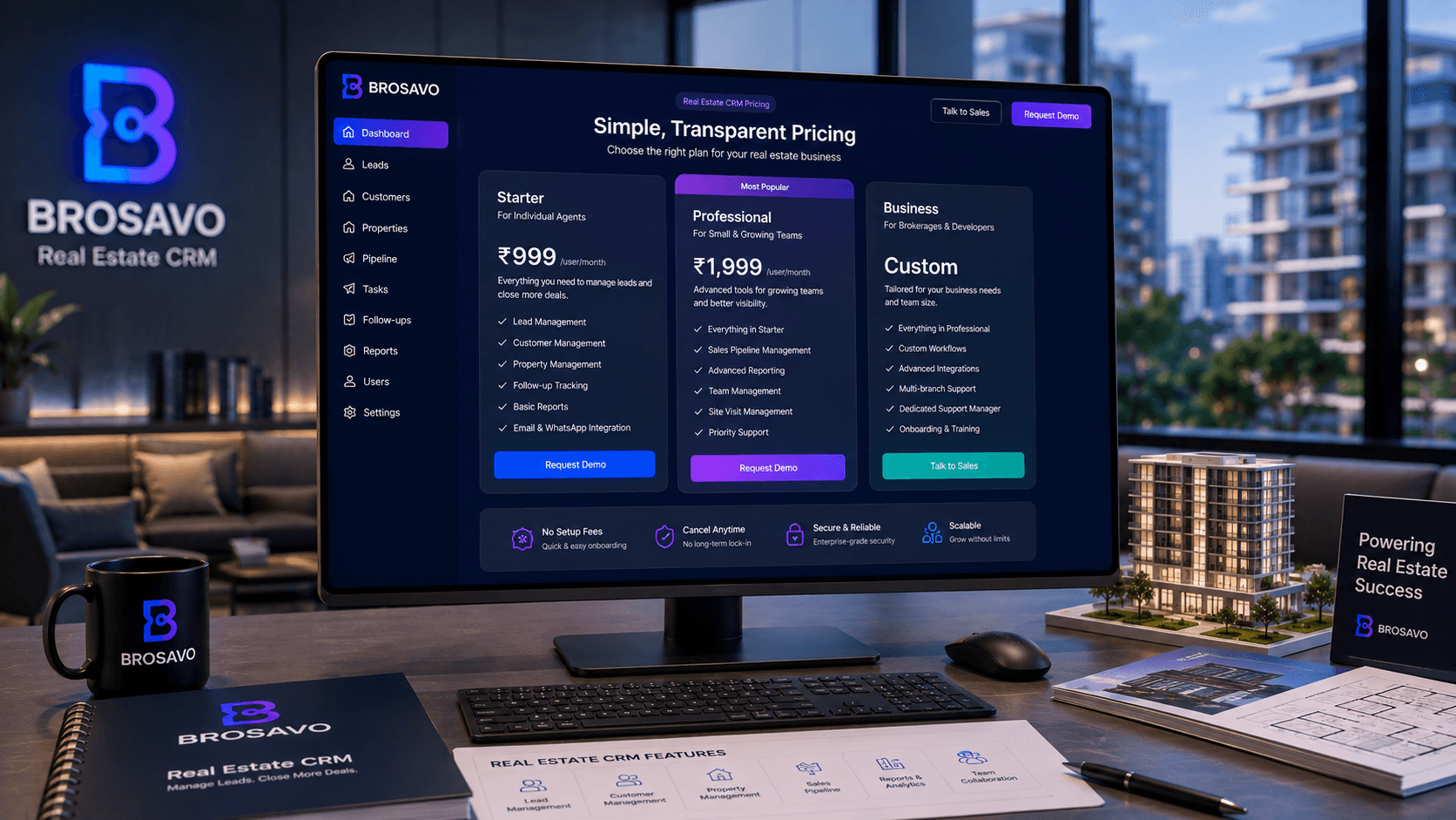 Real estate CRM pricing dashboard showing plans, sales analytics, property inventory and lead management features