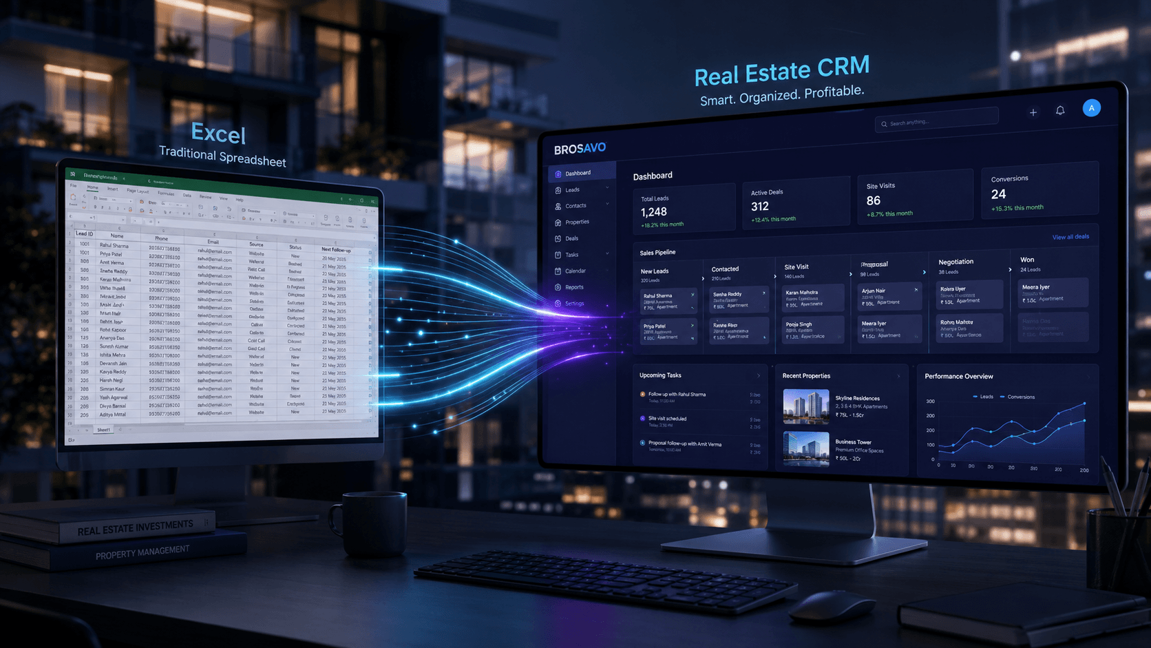 Real estate CRM vs Excel comparison showing BROSAVO CRM dashboard and spreadsheet lead management