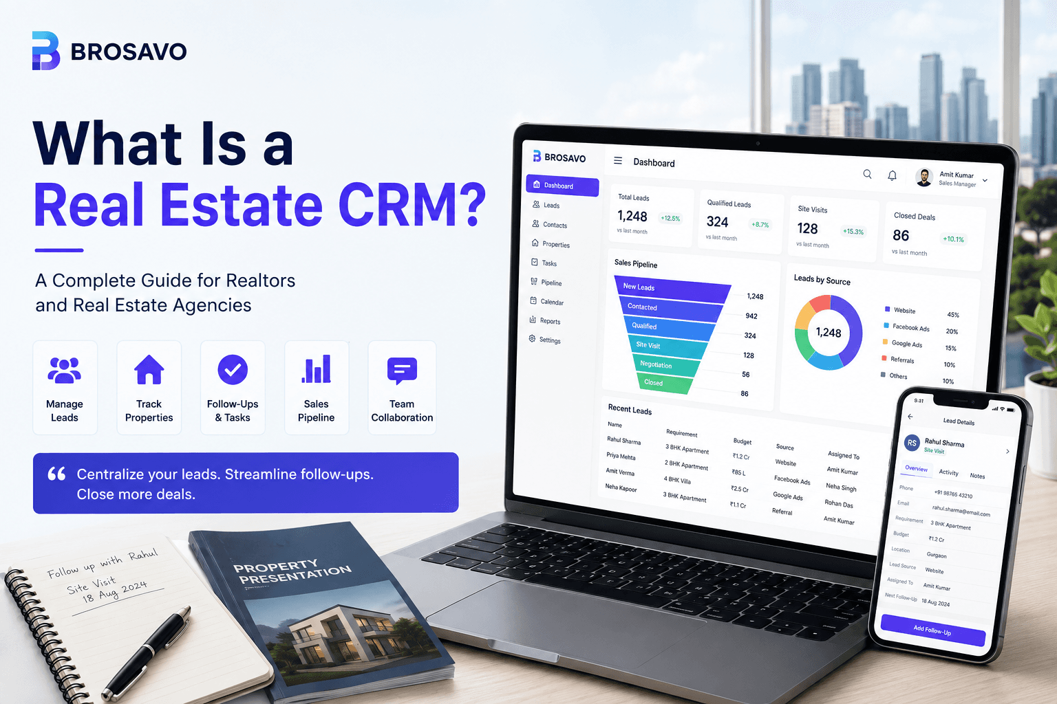 Brosavo real estate CRM dashboard for managing property leads, customer follow-ups, and sales pipelines